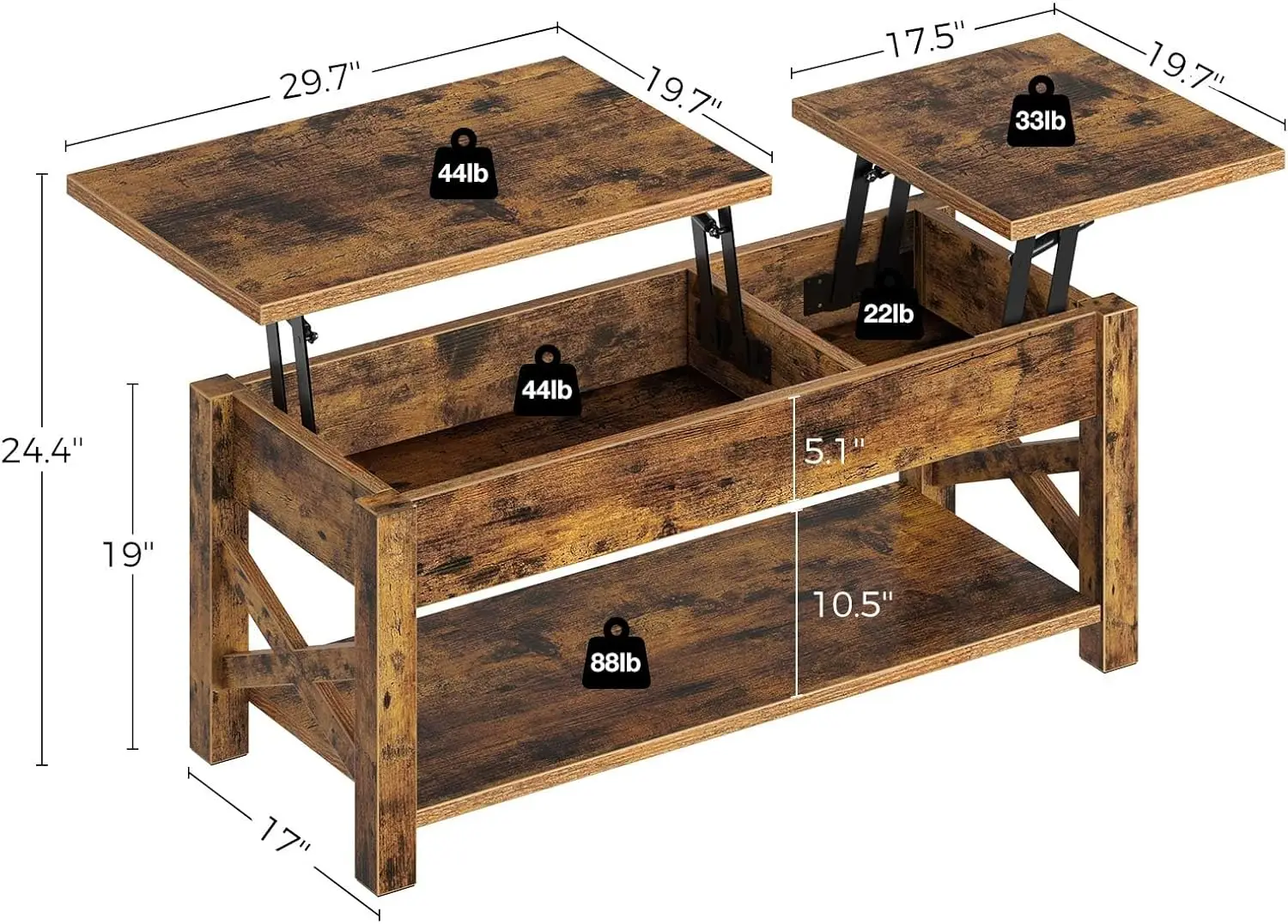 Mesa de centro Mesa de centro con tapa elevable de 2 vías de 47,2 pulgadas con compartimento oculto Mesa de centro elevable con estante abierto X Soporte de madera