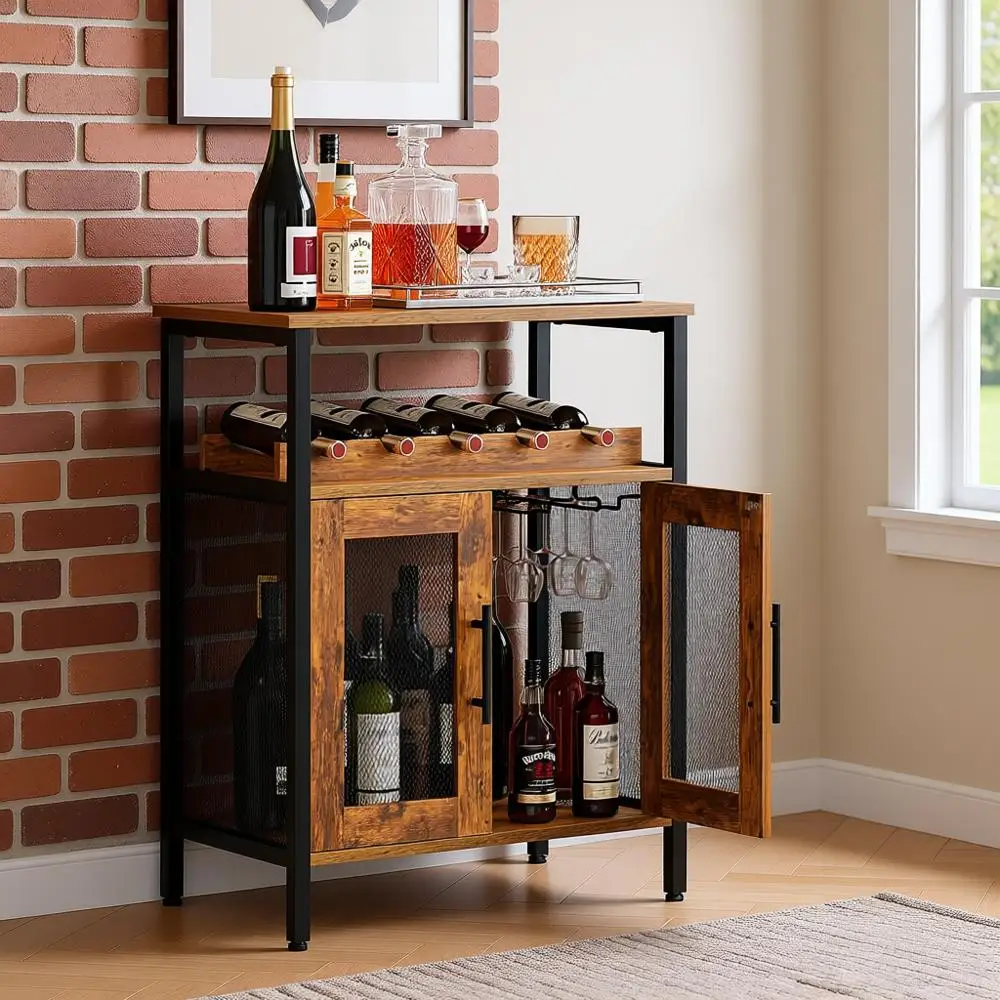 

Detachable Rack Wine Bar Cabinet, Glass Holder Coffee Bar, Compact Sideboard with Mesh Door, Rustic Brown