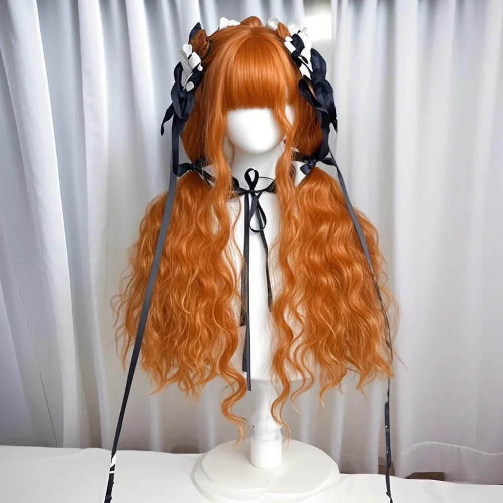 ‌Lolita Curly Wig - Sunset Ember Orange Wool Hair, Elegant Vintage Curls, Pumpkin Night Style Forest Fairy Long Hair for Cosplay