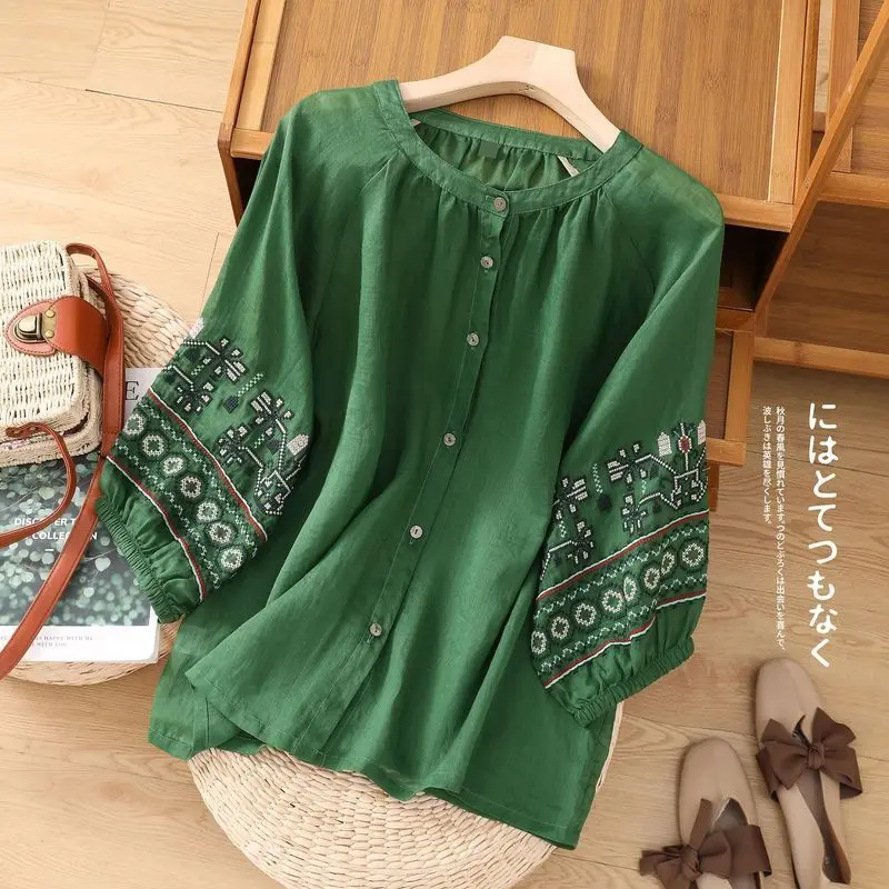 

Retro Heavy Embroidery Lantern Sleeve Blouse Shirts