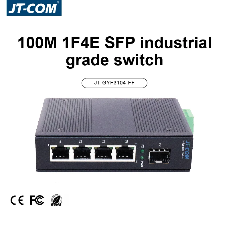 Industrial 5 Port 100M Fiber Switch with SFP 10/100Mbps Ethernet 4E+1SFP DIN-Rail Mount IP40 -40 to 85°C 6KV