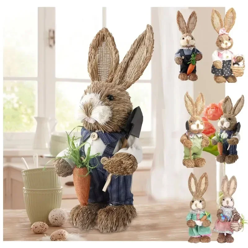 2Pcs New Cute Straw Rabbits Bunny Decor Easter Party Home Garden Wedding Ornament Props Crafts Handmade Decorations Gift 35cm