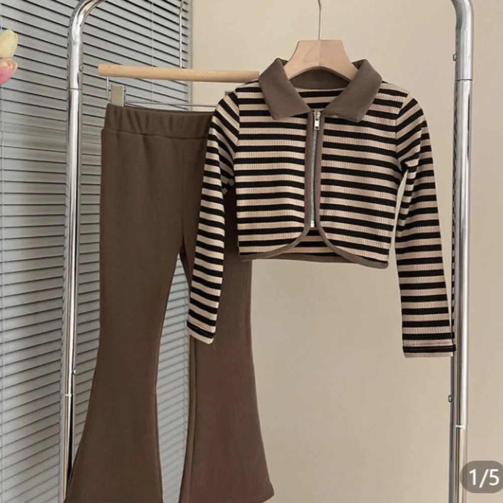 8-12Y Braun Kinder Kleidung Herbst Mode Teen Mädchen Kleidung Lange Ärmeln Gestreiften Gedruckt Zipper Top + Hosen