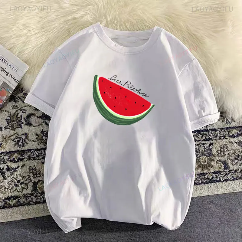 Summer Cotton Short Sleeved Fun Fruit Watermelon Print Round Neck Trend Fashion Casual Solid Color T-shirt Woman Man Tops