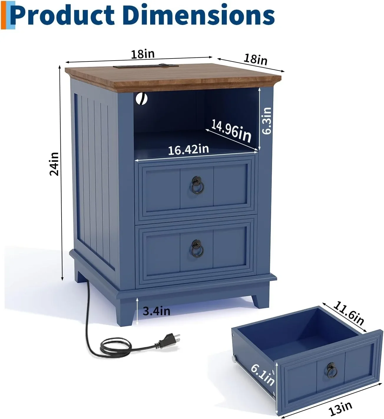 Modern Fluted Nightstand with USB Charging Station, 2 Drawer Side Table with Open Storage Shelf, Wooden Bedside Cabinet for Home