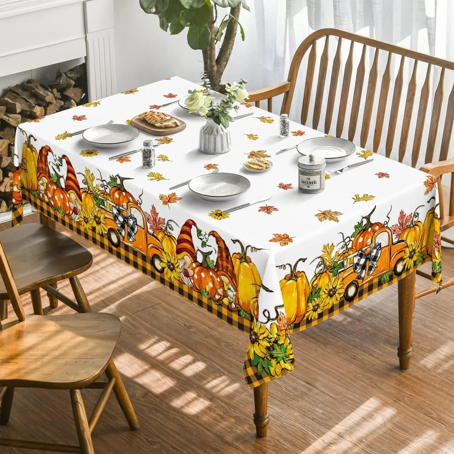 Autumn Rectangle Thanksgiving Fall Harvest Orange Truck Gnome Pumpkin Buffalo Check Tablecloth for Party Dinner Decoration