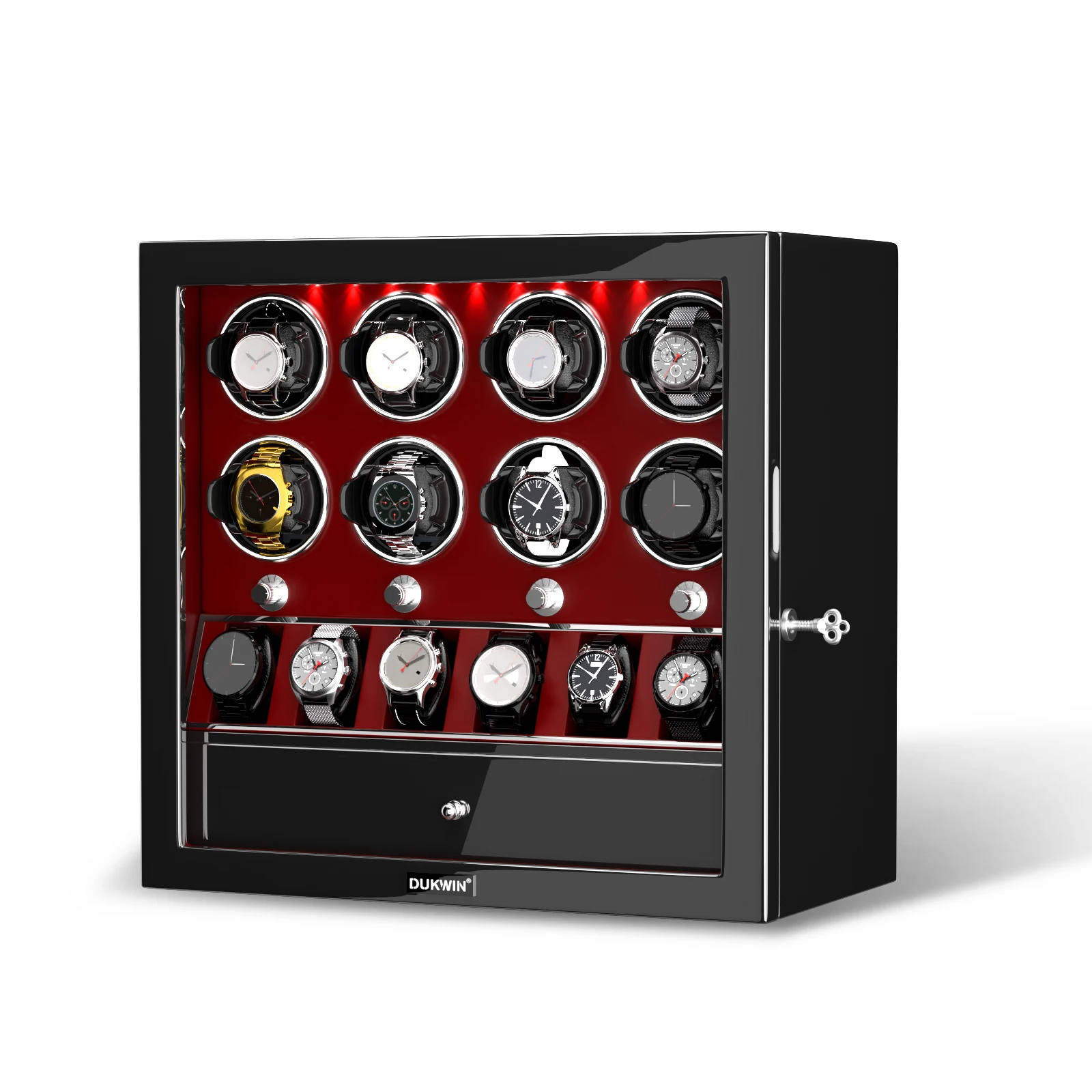 Classic Automatic 8 Watch Organizer Storage Box Red with 6 Compartment Super Quiet Mabuchi Motor for Watch Collection