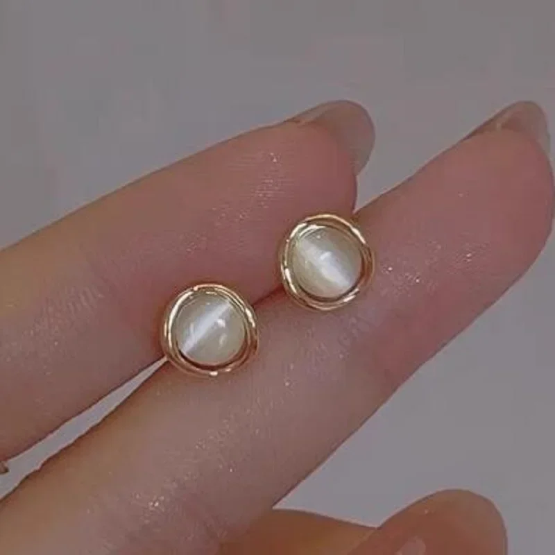 Simple Stud Earrings For Women Elegant Golden Stainless Steel Hoop with Small Round Opal Piercing Needle Fashion Party Jewellery