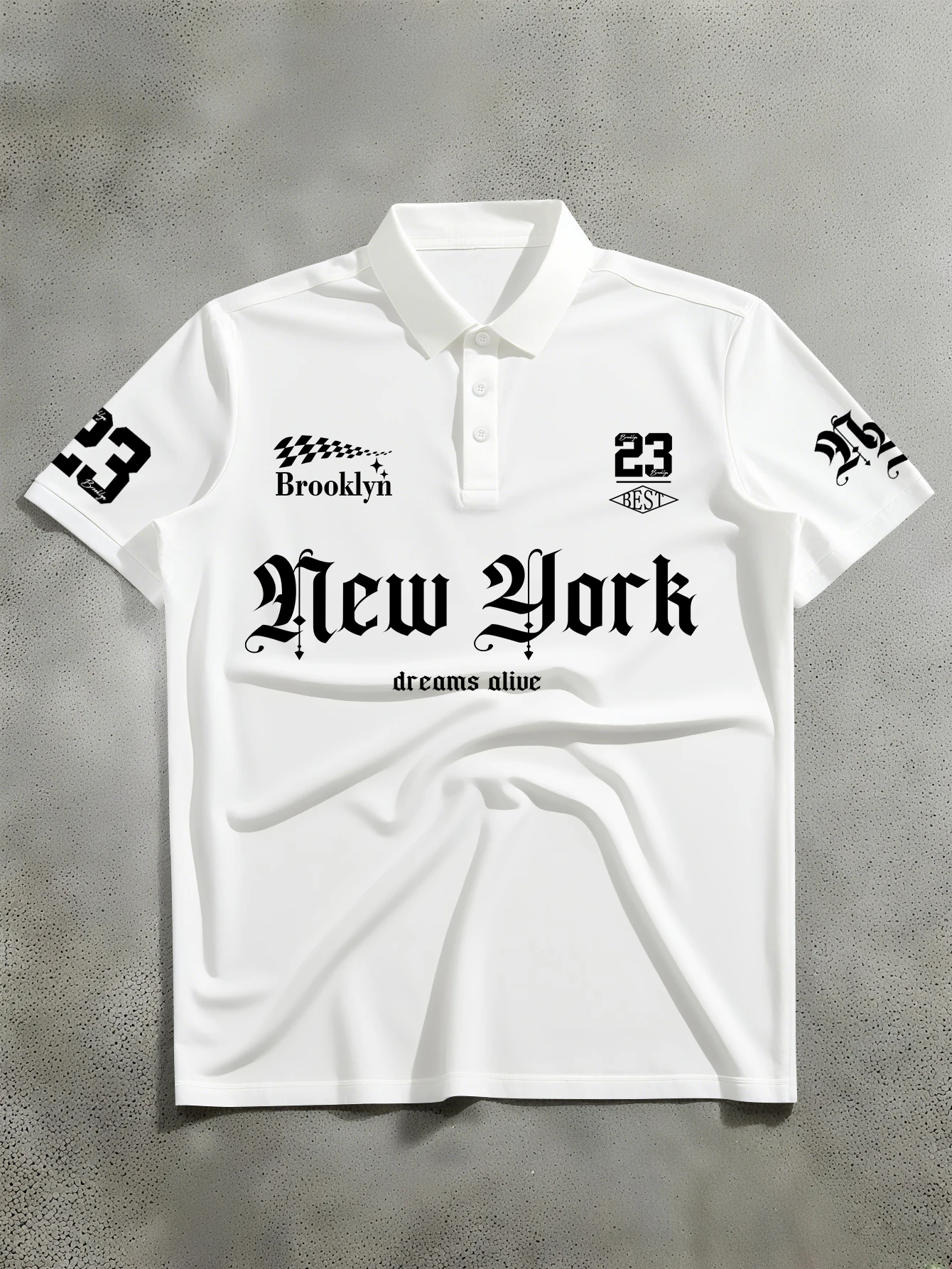 Polo à manches courtes blanc pour hommes, New York Brooklyn Dreams Alive, drapeau à carreaux, numéro 23, imprimé sur les manches, S-XXL