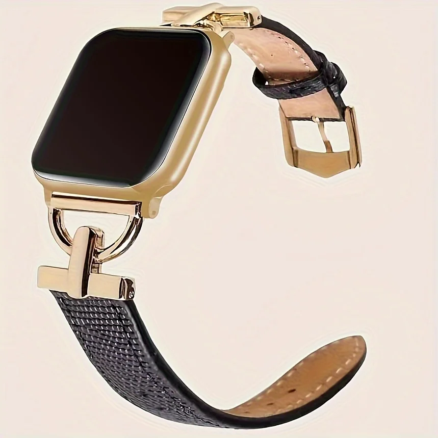 For Apple watch ultra21ses987654321 series 38404142444549mm rose gold metal D-shaped decoration with black soft leather band