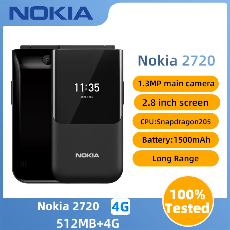 Nokia 2720 4G Phone CPUQualcomm Snapdragon 205 Battery capacity 1500mAh original used phone