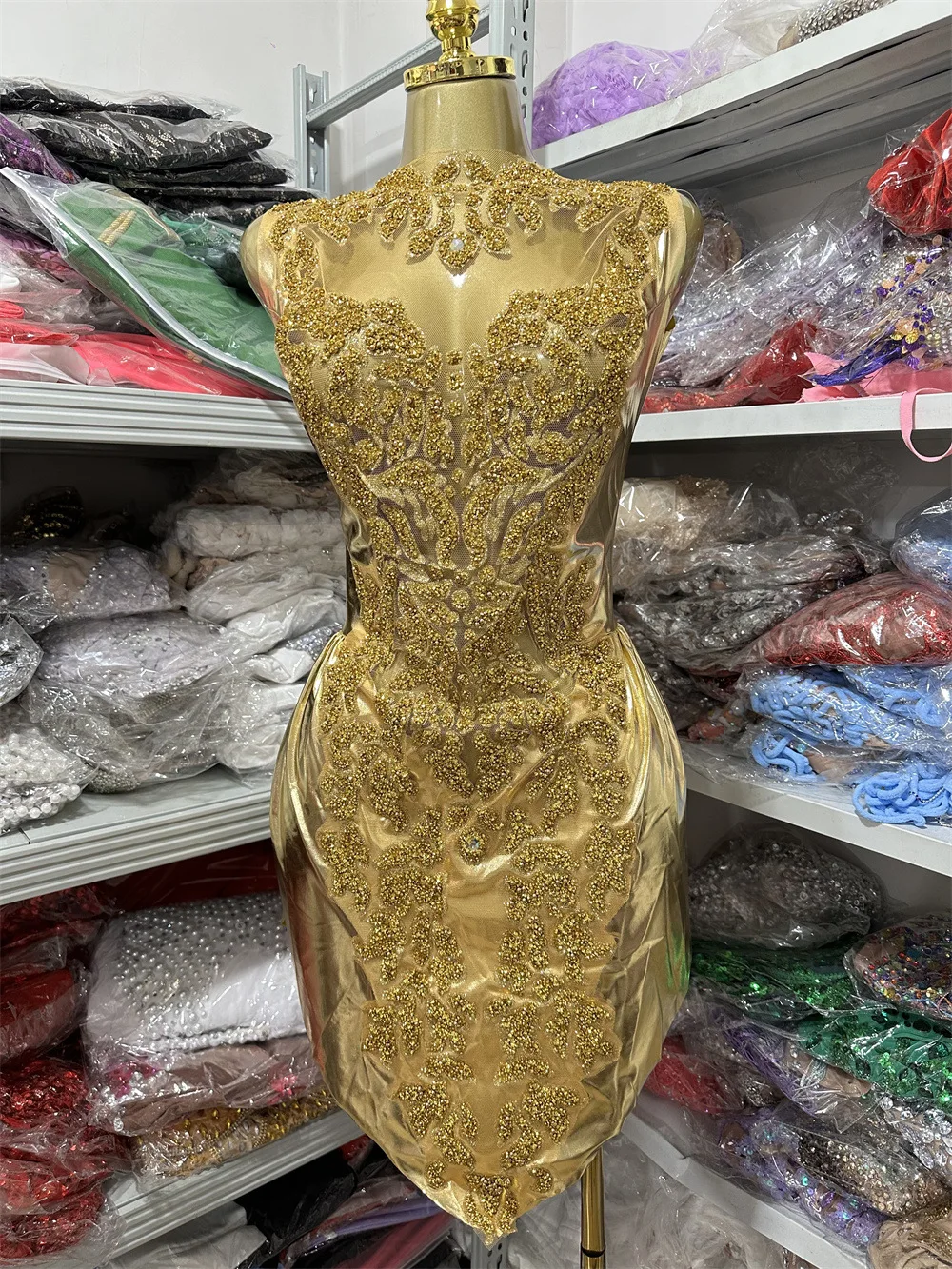 

Women Gold Spakly Diamonds Beading Mesh Leather Patchwork Bodycon Mini Dress Celebrity Evening Club Party Korean Gala Dresses