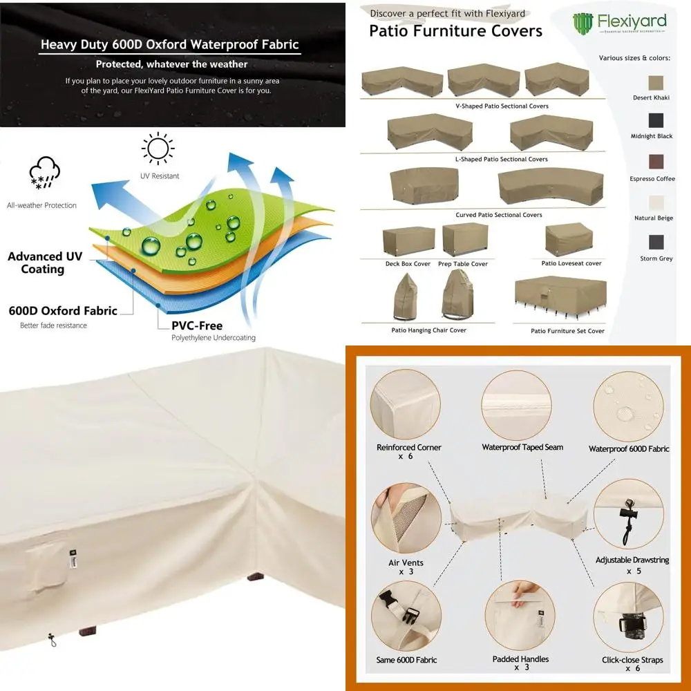 

L-Shaped Outdoor Sectional Sofa Cover, 115x83 Waterproof 600D Patio Furniture Cover, Natural Beige Protector