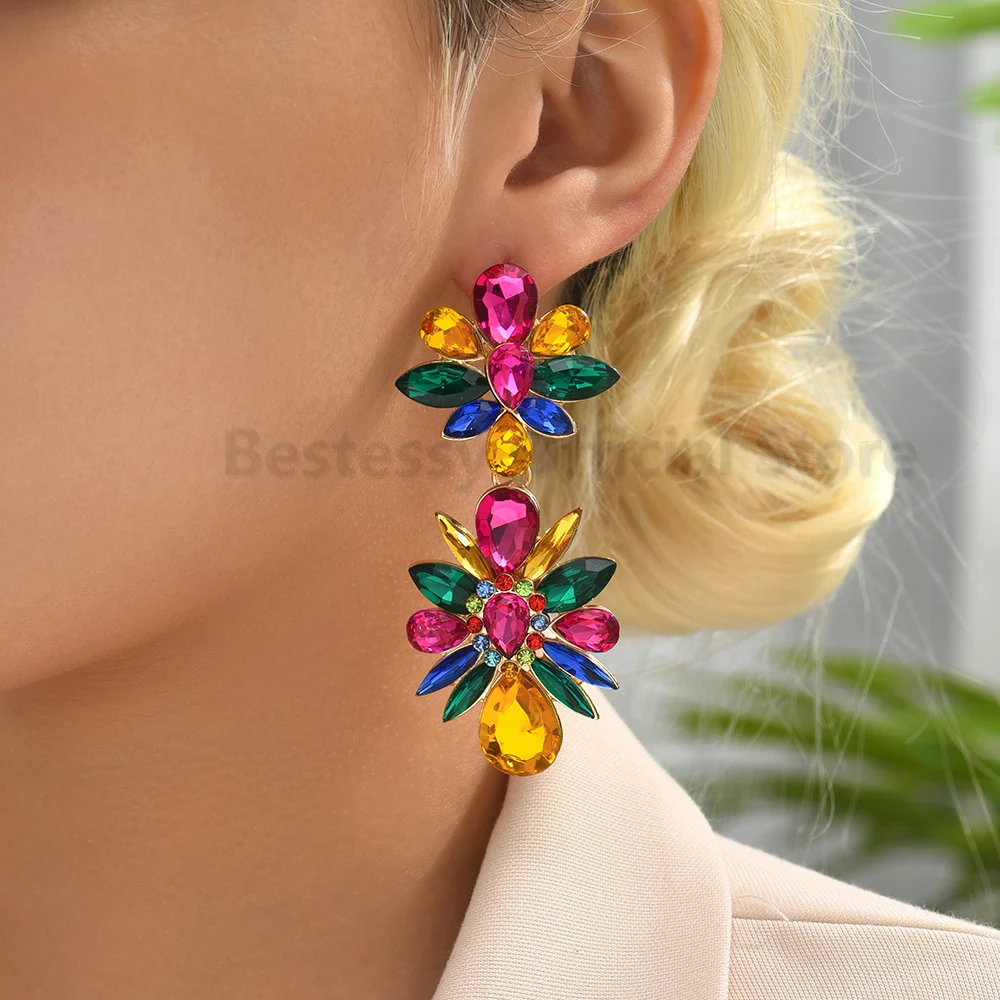 Pink Crystal Flowers Dangle Geometric Earrings For Women Trend 2025 Luxury Design Pendientes Bride Wedding Party Vintage Jewelry