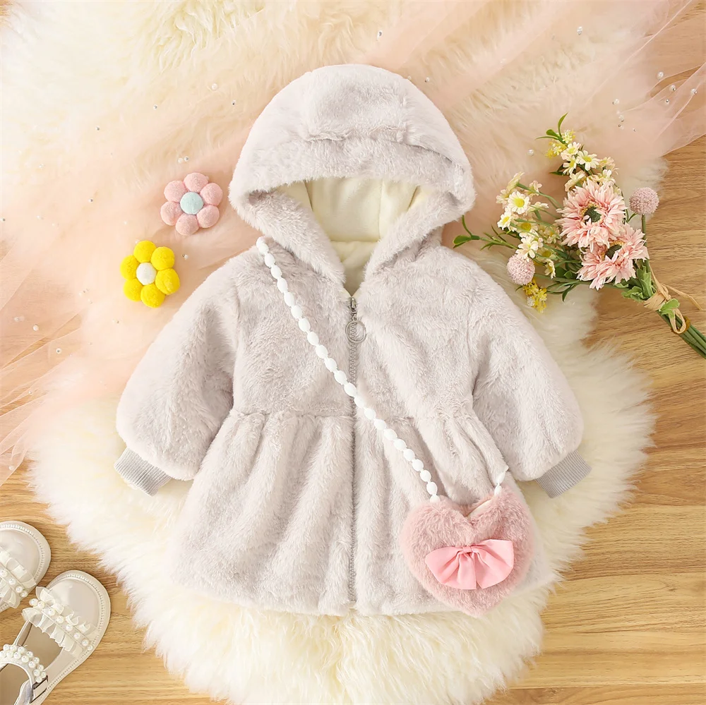 Autumn Winter 2/Piece Girls\' Outerwear Bag Baby Girl Solid Color Cute Casual Hooded Fur Coat+Love Bag