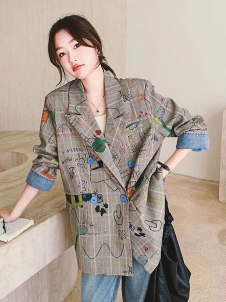 

Милый повседневный блейзер с принтом, женский свободный пиджак с длинным рукавом, модный костюм с ручной росписью, пальто, осень-зима, милый женский корейский шикарный дизайн, топы