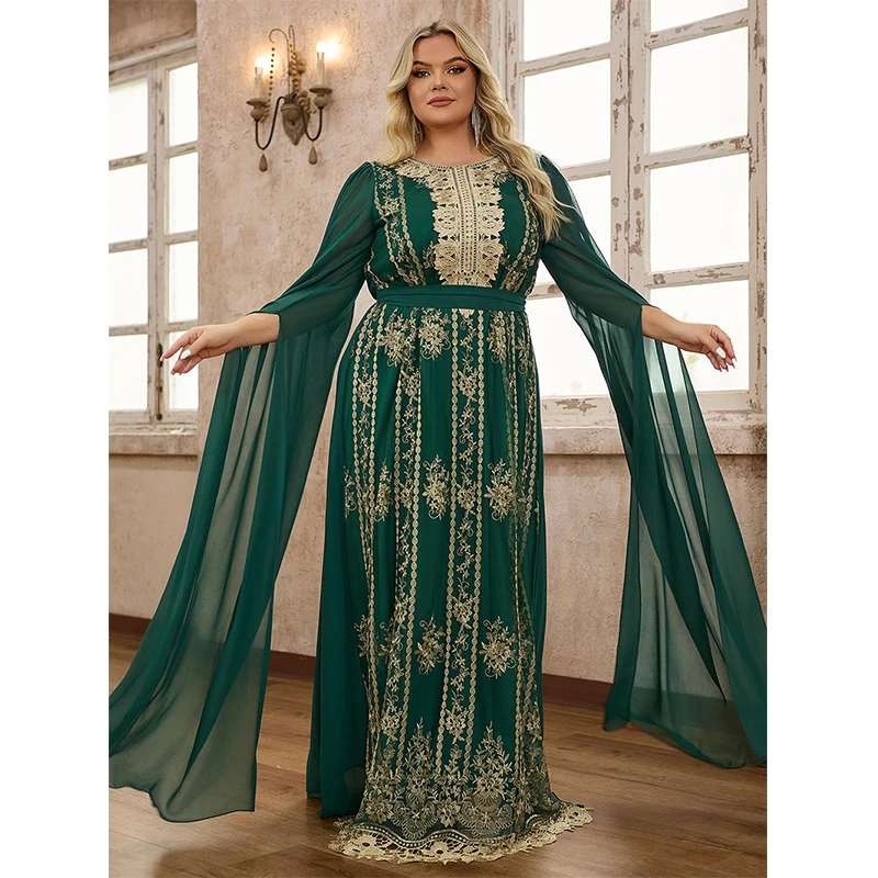 

Women 2024 Elegant Muslim Abaya Embroidery Chiffon Islamic Turkey Dubai Kaftan Green Long sleeve Party Maxi Dresses 4XL