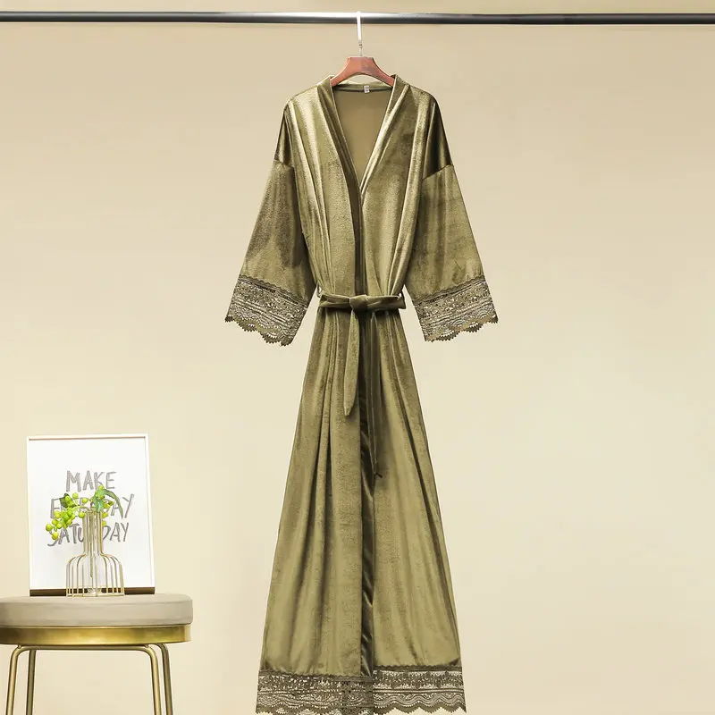 Sleepwear Dressing Gown Nightdress Autumn Winter Velvet Nightgown Kimono Robe Sexy Lace Long Nightwear Bathrobe Loose Home Wear