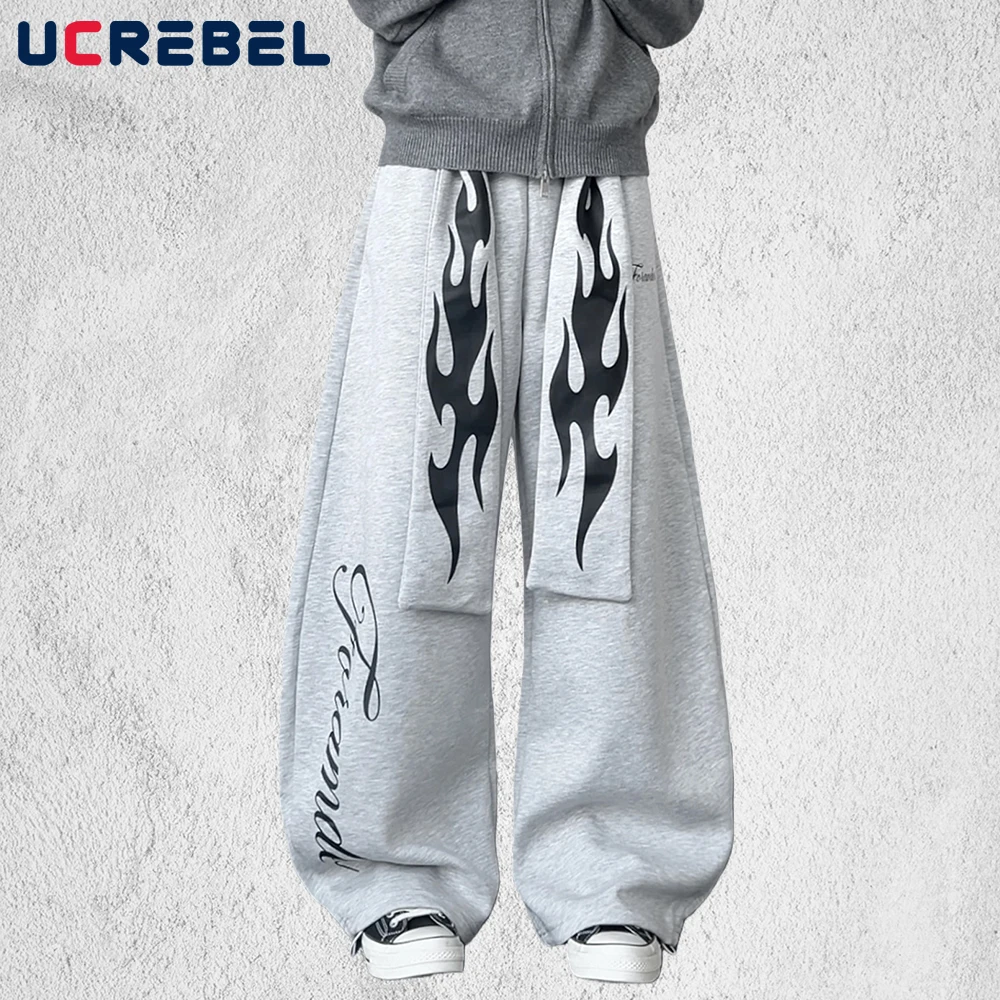 

Мужские спортивные штаны с пламенным принтом и поясом, уличная одежда в стиле хип-хоп, мешковатые широкие брюки с эластичной резинкой на талии, мужские спортивные брюки