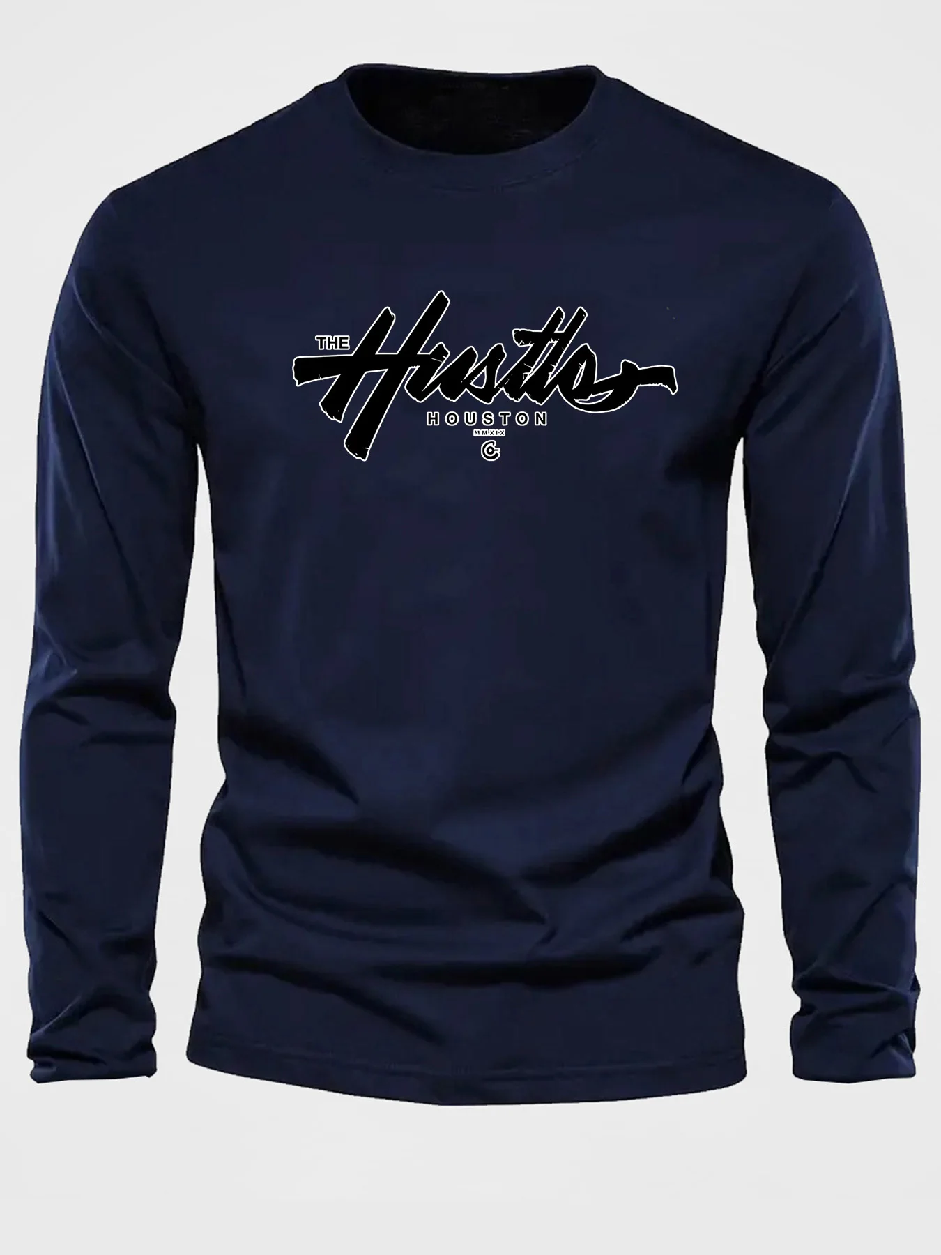 Houston Letter Pattern Printed Men's 100% Cotton Loose and Comfortable Sports and Leisure Round Neck Long Sleeve T-shirt Top