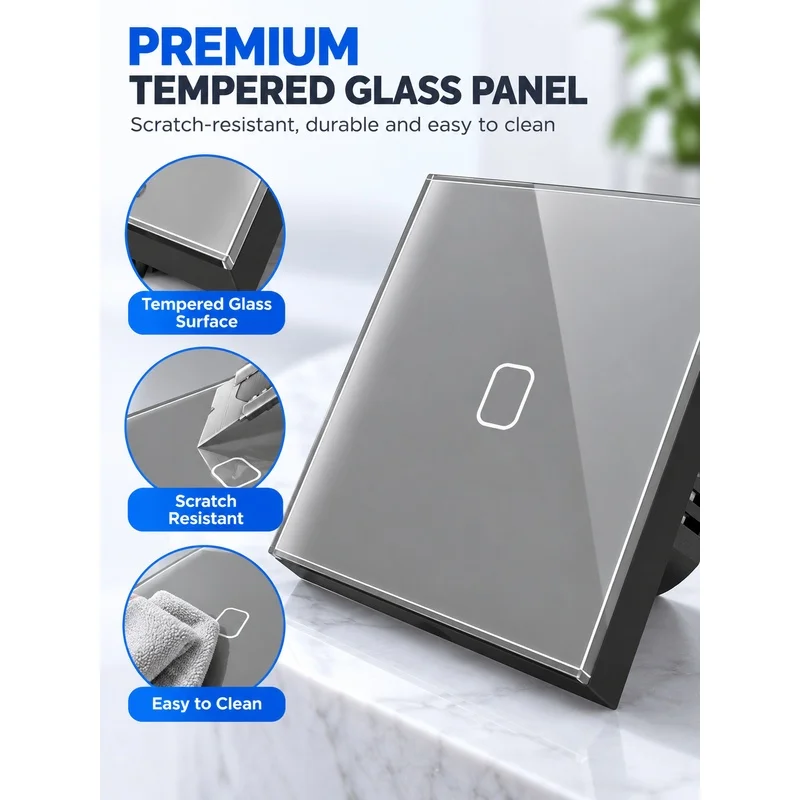 EU Standard Touch Light Switch Tempered Glass Panel Single Live Wire Wall Switch Non-Smart