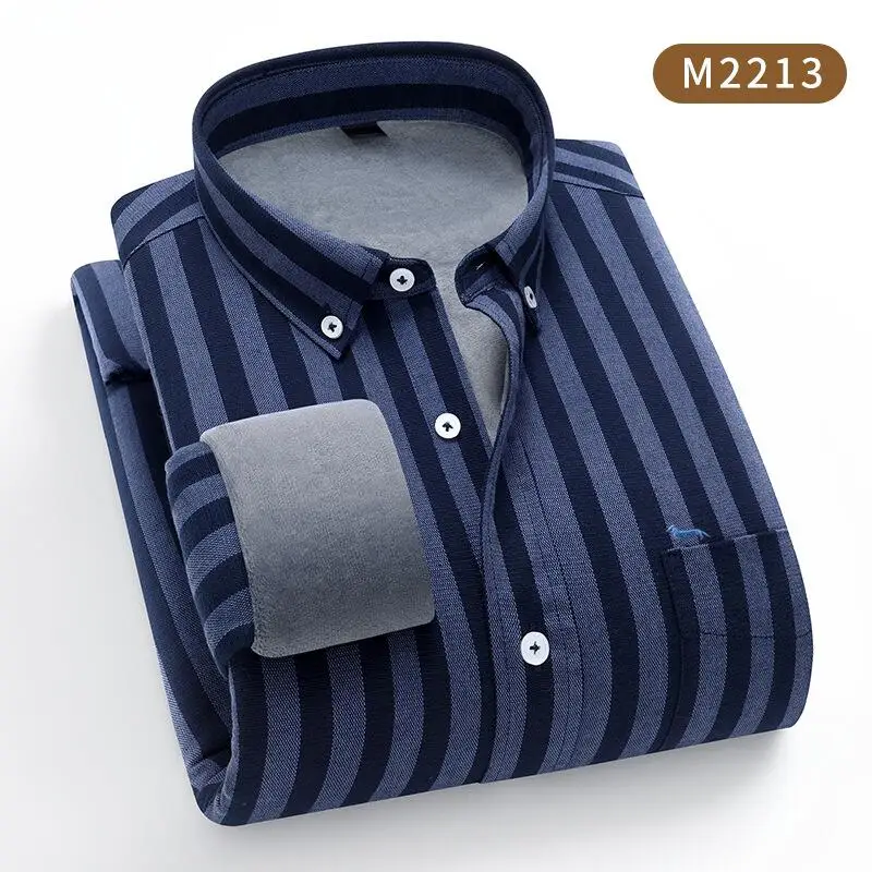 New Winter Men Casual Fashion 100%Cotton Long Sleeve Shirt Embroidery Blouse Keep Warm Striped Slim Fit Turn Down Collar Blouses