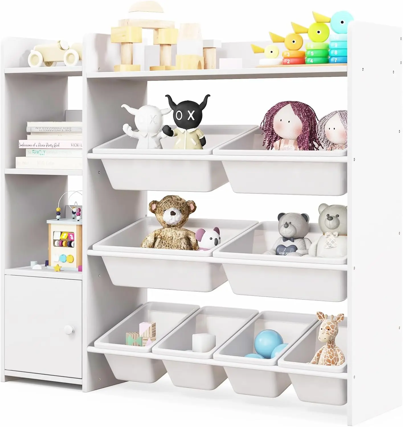 Toy Storage Organizer, 4-Tier Kids Bookshelf and Toy Storage Rack with 8 Toy Organizer Bins, Large Cabinet with Door, Multipurpo