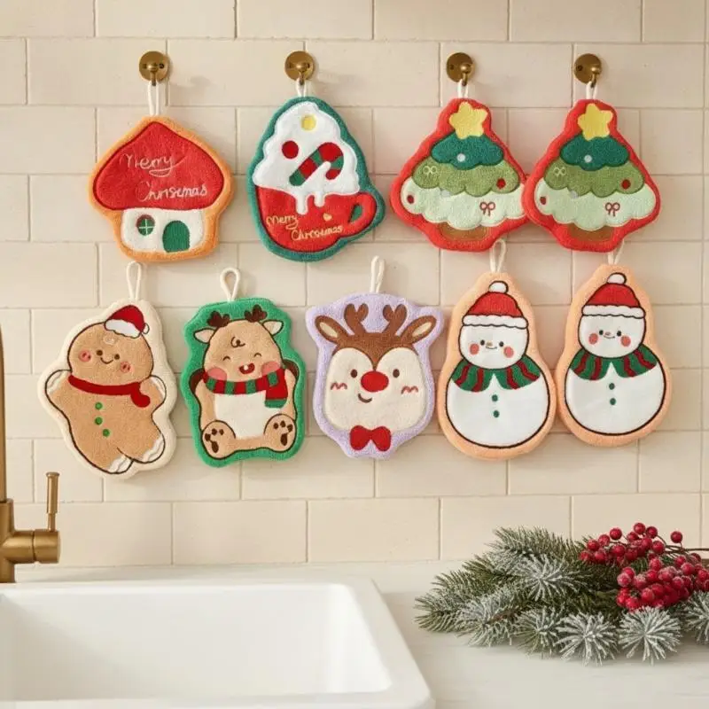 Water Absorption Christmas Hand Towels Quick-drying Coral Fleece Christmas Tree Handkerchiefs Cleaning Hanging