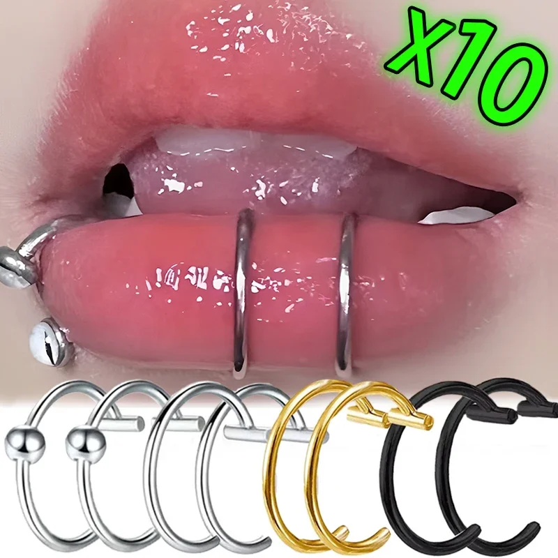 10PCS Stainless Steel Lip Nose Rings Neutral Punk Lip-shaped Ear Noses Clip Fake Perforated Lips Body Piercing Jewelry Accessory