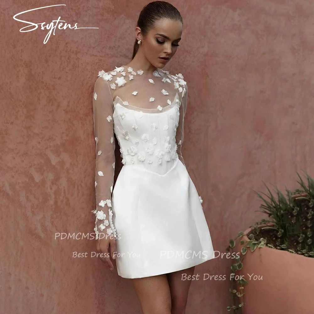 Sexy Solid Satin Short Wedding Dresses High Neck Customized Bridal Gowns 3D Applique Princess Lace Beach Simple Mini Bride Dress