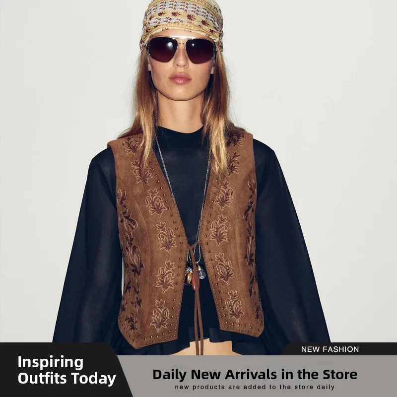 새로운 가을 여성용 비즈 자수 인조 벨벳 조끼 스트리트 스타일 단추 하나로 여밈 기타 소재 00%