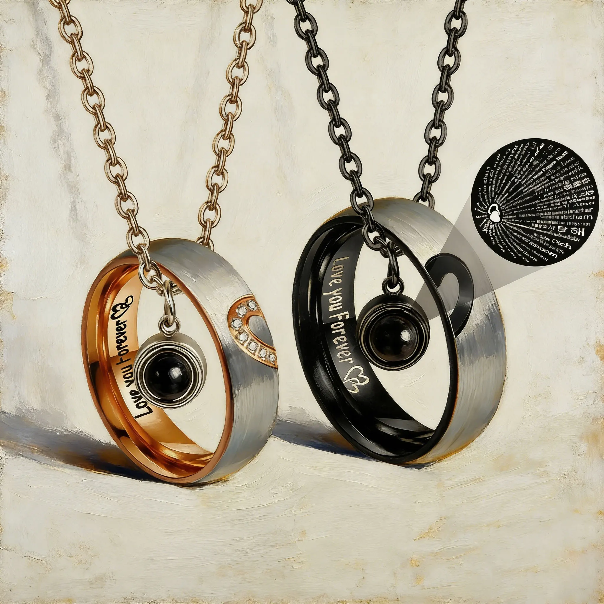 2026 Fashion Romantic Multifunctional Necklace Ring Projection Engraved Round Pendant Couple Ring Necklace Anniversary Gift
