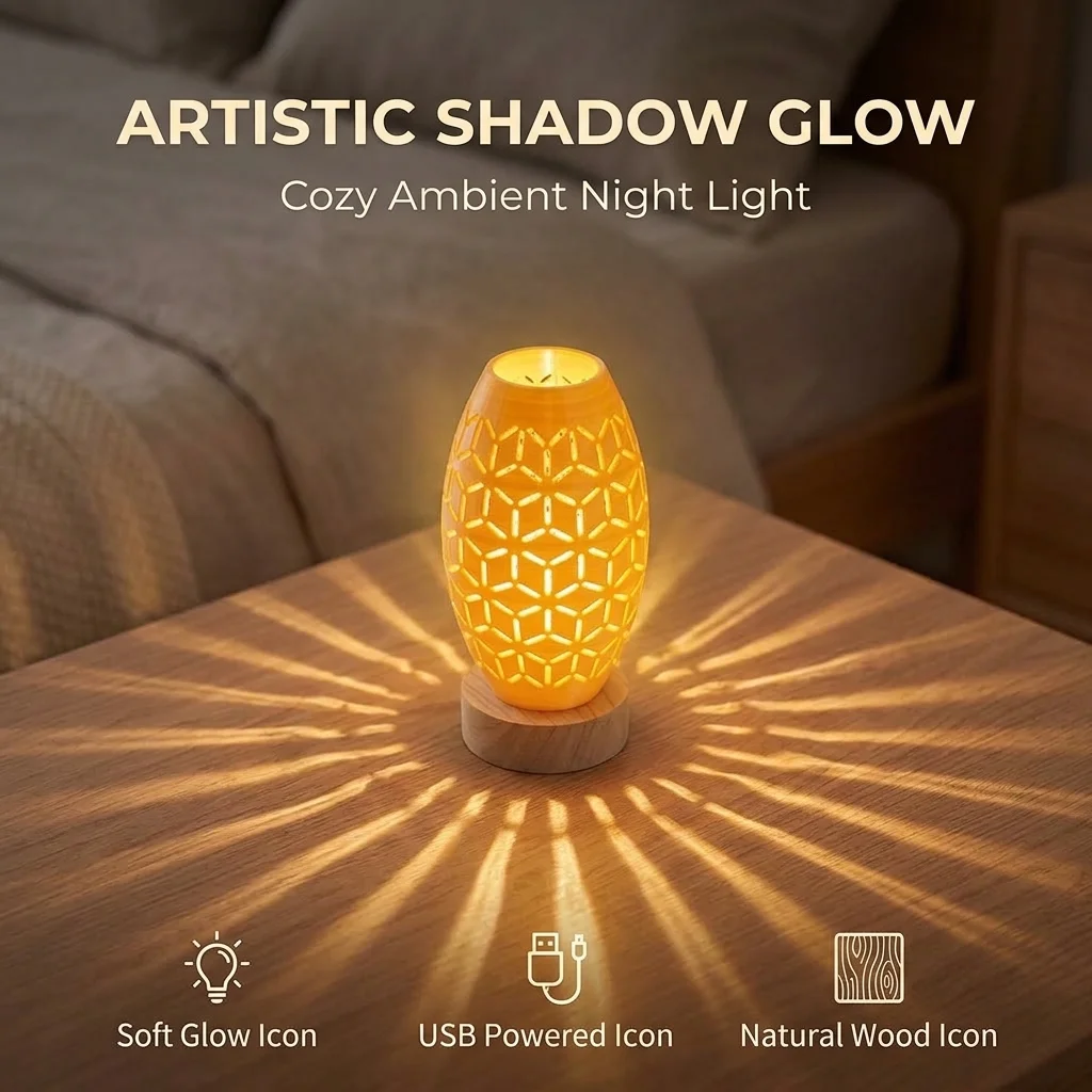 Creative Resin Wooden Night Light USB Modern Bedside Mood Lamp Geometric Shadow Projector Holiday Birthday Room Decor Gift