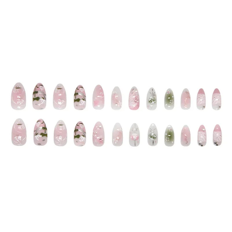 24szt Y2K Chic Press-On Nails Set - Floret & Pearl 3D Gel Design Średni migdałowy kształt z błyszczącym wykończeniem dla kobiet i dziewcząt noszonych