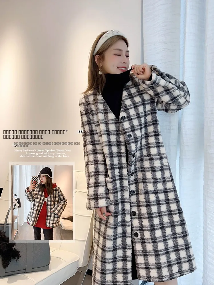 

Vogana Large Size Eco-Friendly Fur Coat Winter Plaid Long And ort Outerwear Korean Sle Loose Fit Cardigan Polyester Fiber