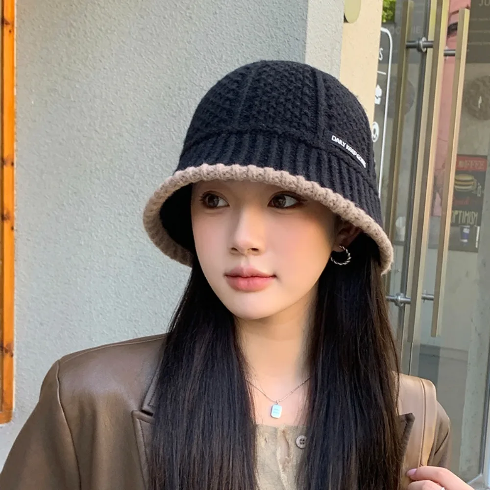 Polyester Fiber Knitted Bucket Hat Warm Korean Style Women Fisherman Hat Solid Color Windproof Wool Basin Cap Outdoor Walking