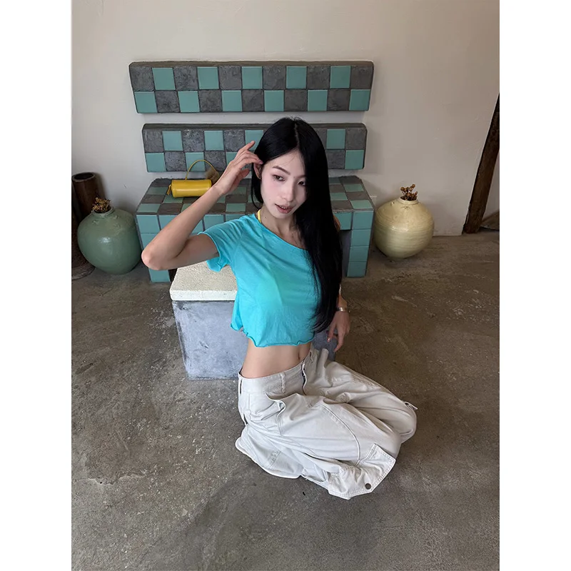 Benuynffy High street cargo wide leg pants for women 2026 Summer new high waisted y2k streetwear loose multi pocket cotton pants