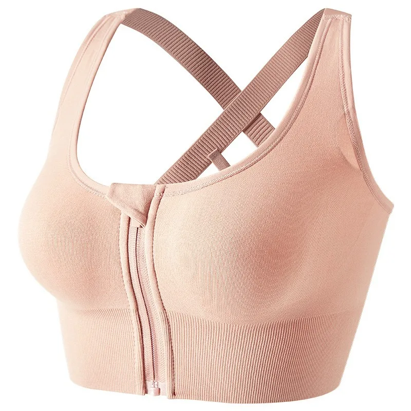 Women Zip Front Crisscross Back Longline Sports Bra High Impact Shockproof Wireless Yoga Bra for Gym Running Fitness