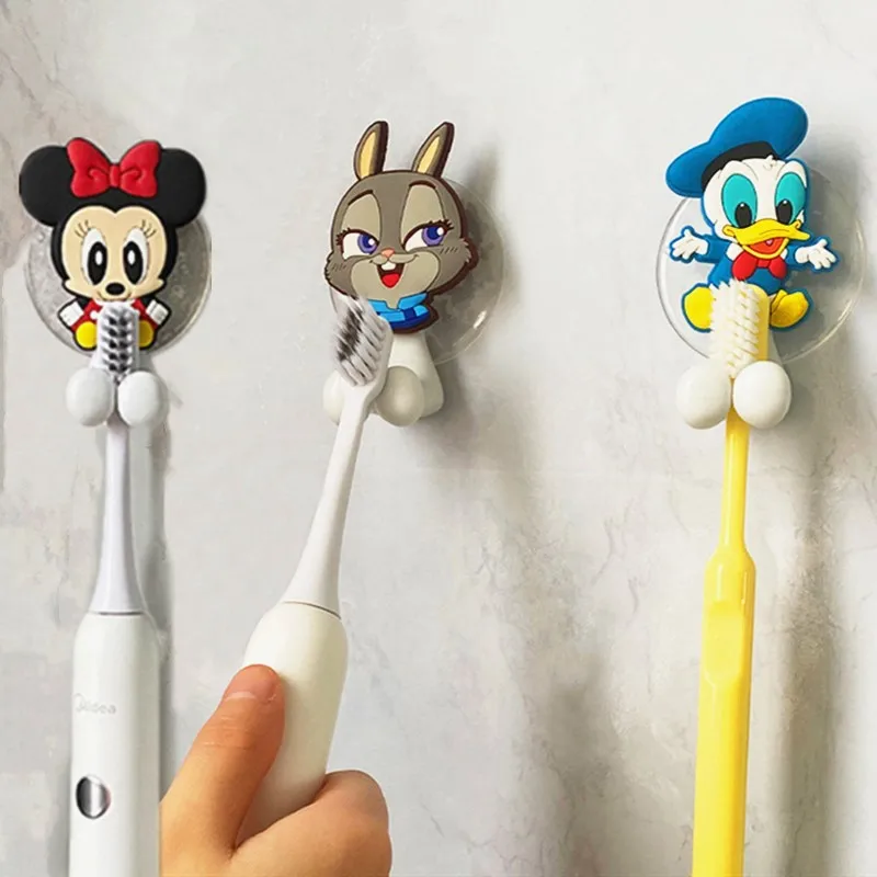 Disney Mickey Minnie Mouse Anime Figure Cartoon Toothbrush Holder Toys Stitch Zootopia Doll Wall Mounted Shelf kids Gifts