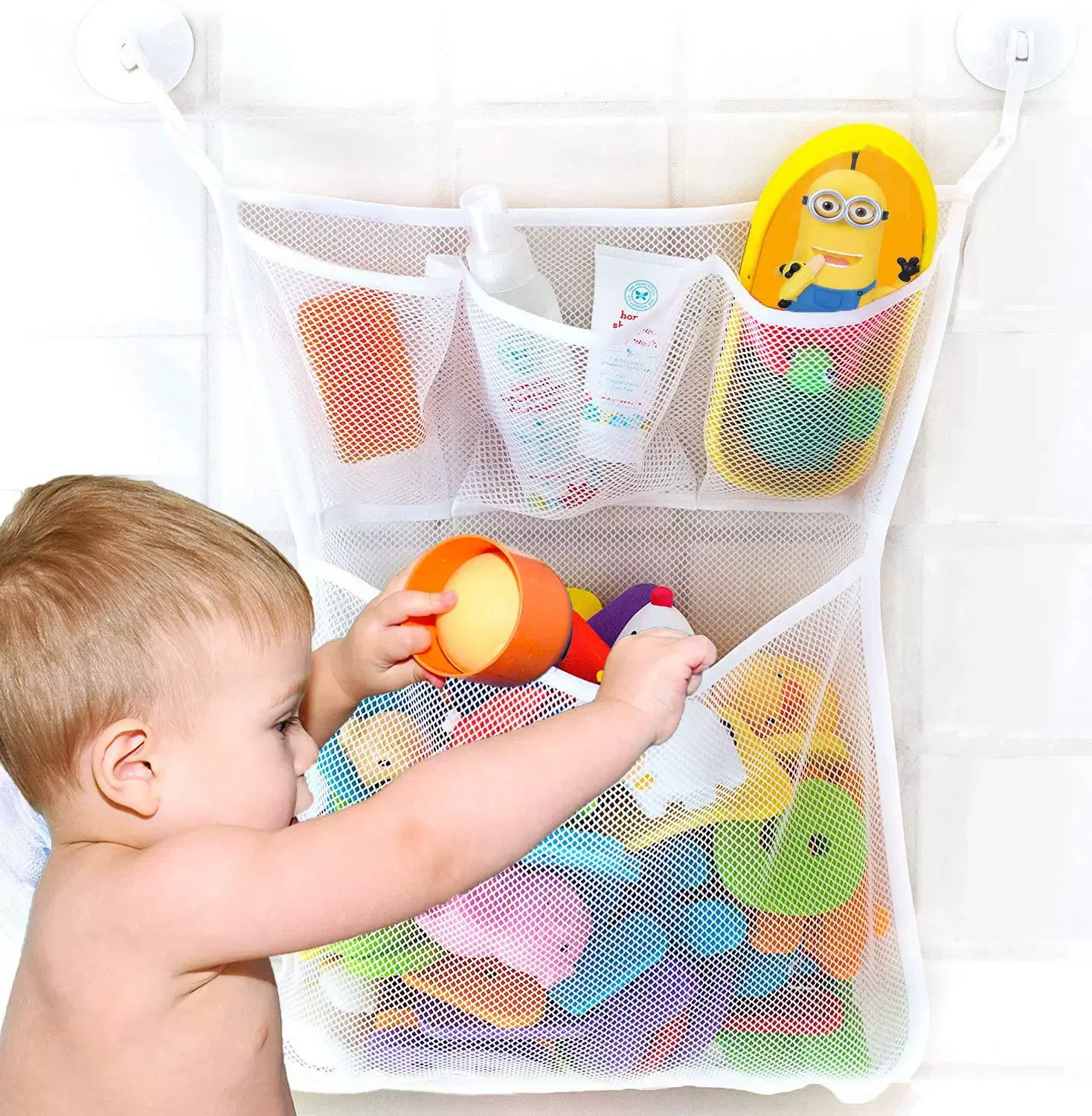 Shower Bath Toys White Pink Baby Kids Toy Storage Mesh with Strong Suction Cups Toy Bag Net Bathroom Organizer for Kids Toddlers