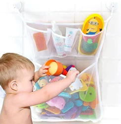 Juguetes de baño de ducha, malla de almacenamiento de juguetes para bebés y niños, color blanco y rosa, con fuertes ventosas, bolsa de juguetes, organizador de baño de red para niños pequeños