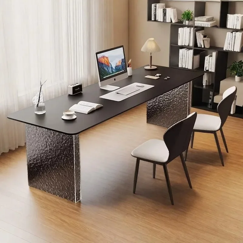 Light luxury acrylic rock slab desk, white silent wind sofa, double long stone pattern desk