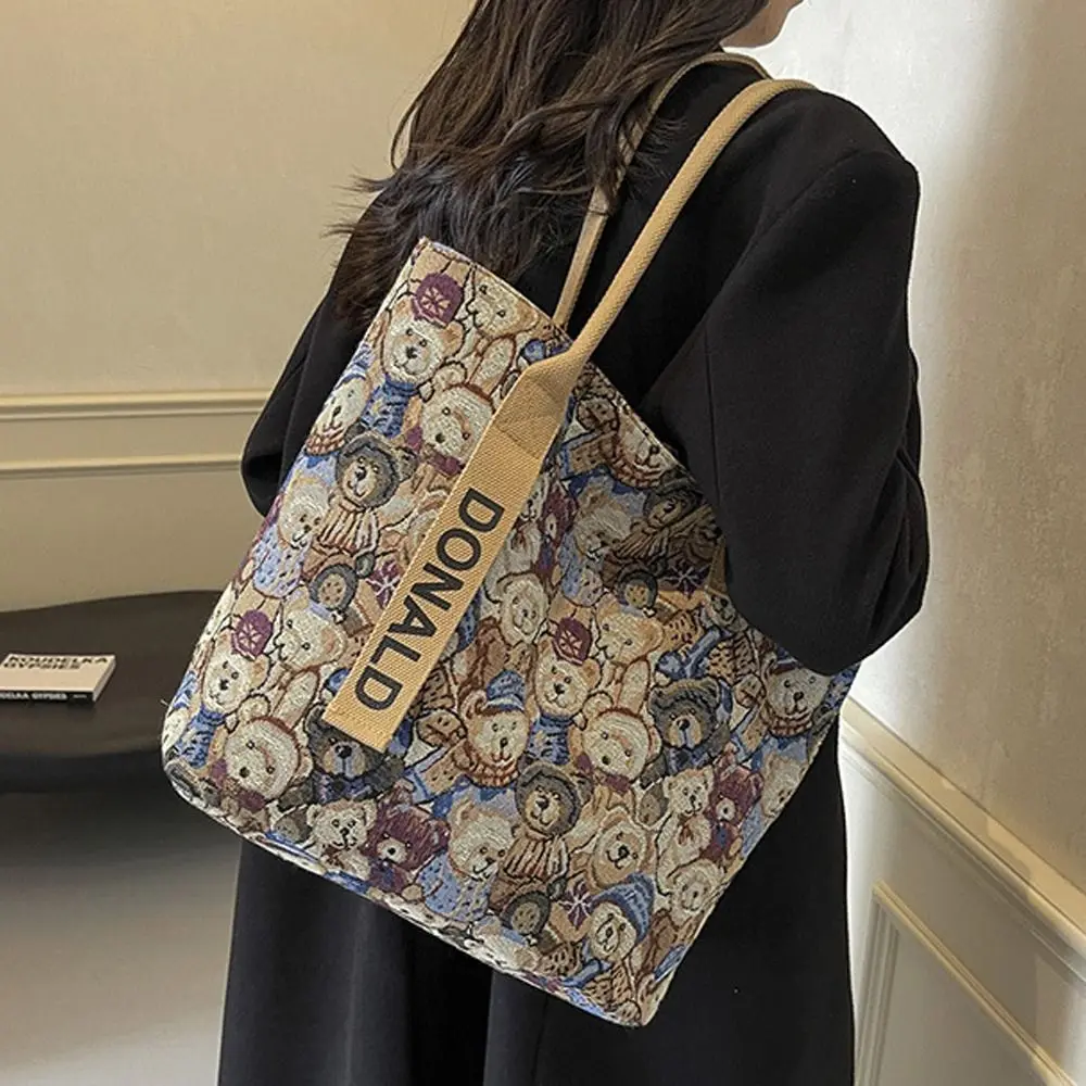 

Fashion Portable Handbag Casual Large Capacity Shoulder Bag Cartoon Bear Embroidered Tote Bag