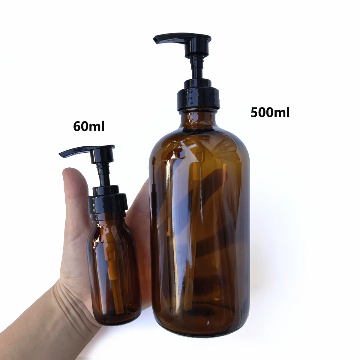 Botella de vidrio ámbar redonda de 60ml, 125ml, 500ml con tapa dosificadora para suero y loción, tapa de rosca para jabón líquido, tapa cónica, revestimiento cónico, tapa policono, champú