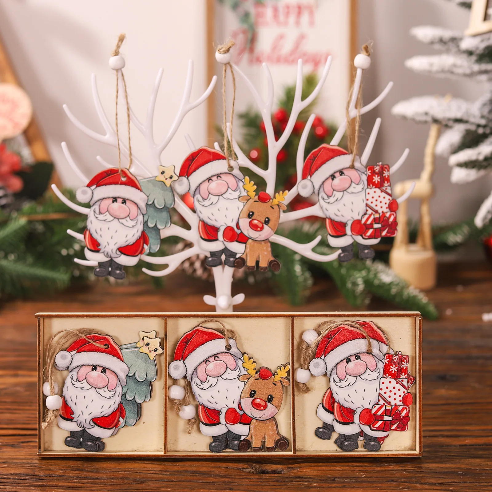 9/12pcs Christmas Santa Wooden Hanging Ornaments Snowman Reindeer Gnome Wood Hanging Decor for Christmas Tree Decoration Noel