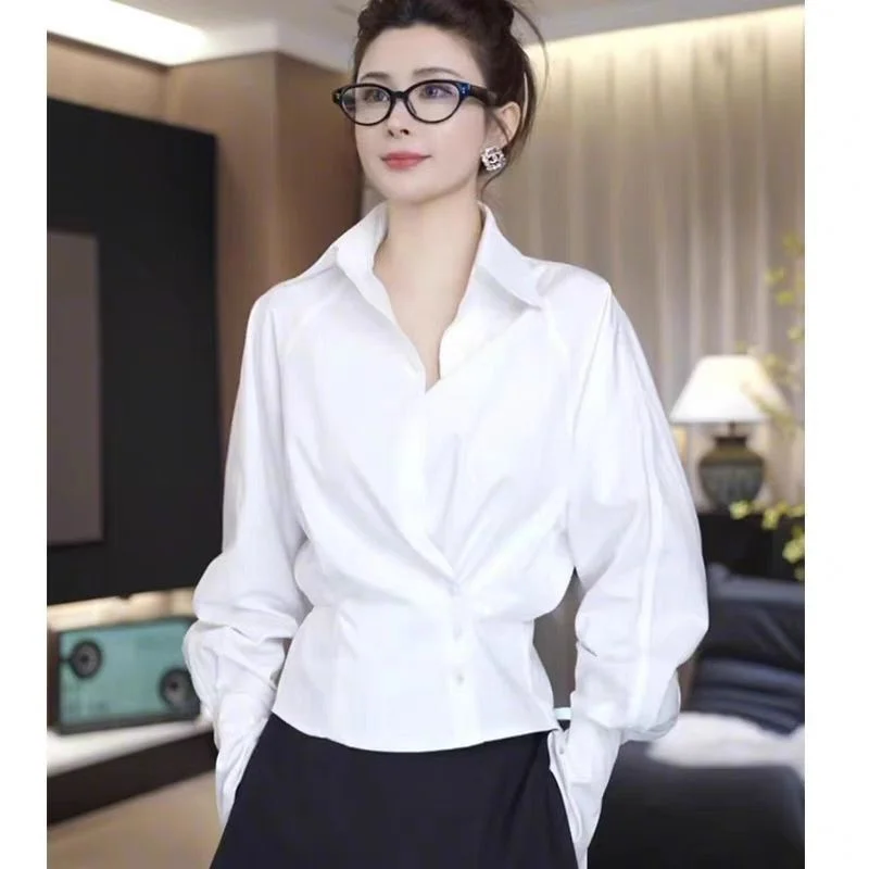 

Рубашки с длинным рукавом, женские атласные рубашки на пуговицах, плиссированные подол, рукава-фонарики, консервативный женский минималистичный ретро-стиль колледжа, весна