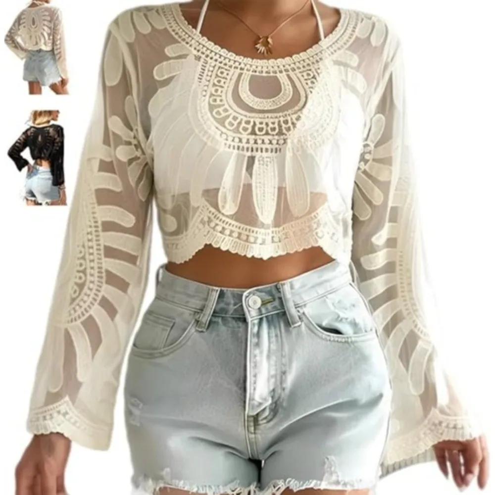 ผ้าโปร่ง ​ ​   ผ้าคลุมปักลายดอกไม้ ​ ​ ​ ​ ระบายอากาศได้ดี ​ ​ ​ ​ น้ำหนักเบา ​ ​ ​ ​ ชุดคลุมชายหาดสไตล์โบฮีเมียน ​ ​ ​ ​ ขอบลูกไม้ ​ ​