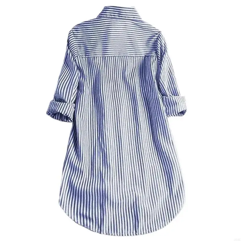

39BC Women Lapel Button Up Striped Blouses Long Sleeve Irregular Hem Oversized Shirt