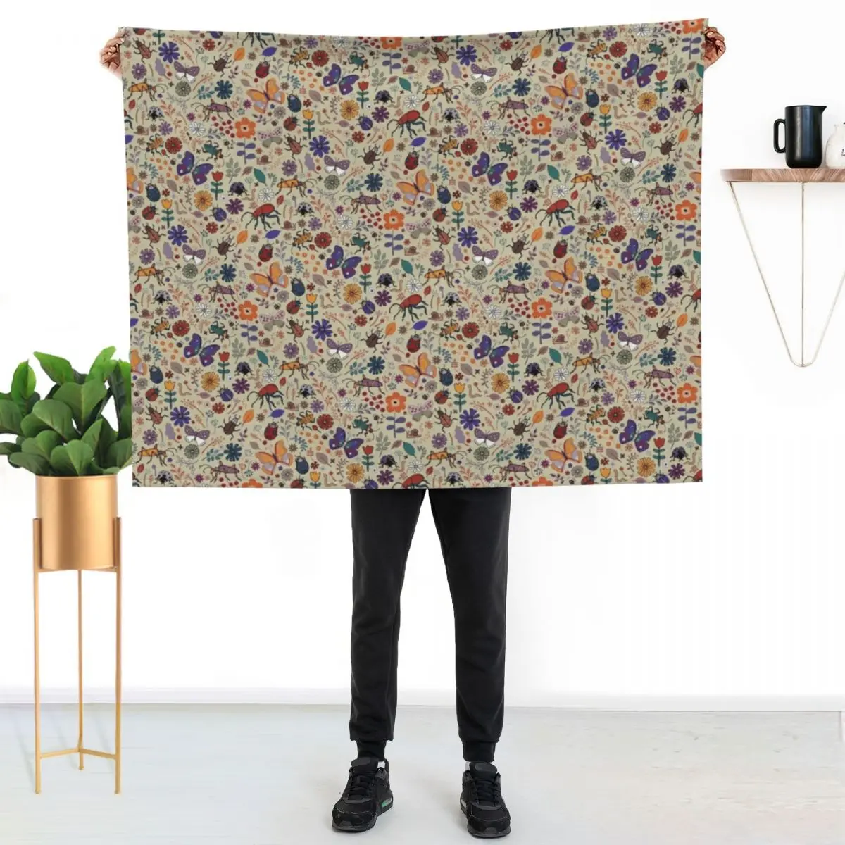 Butterflies, Beetles and blooms - taupe - pretty floral pattern by Cecca Designs Throw Blanket Winter beds Flannels Blankets