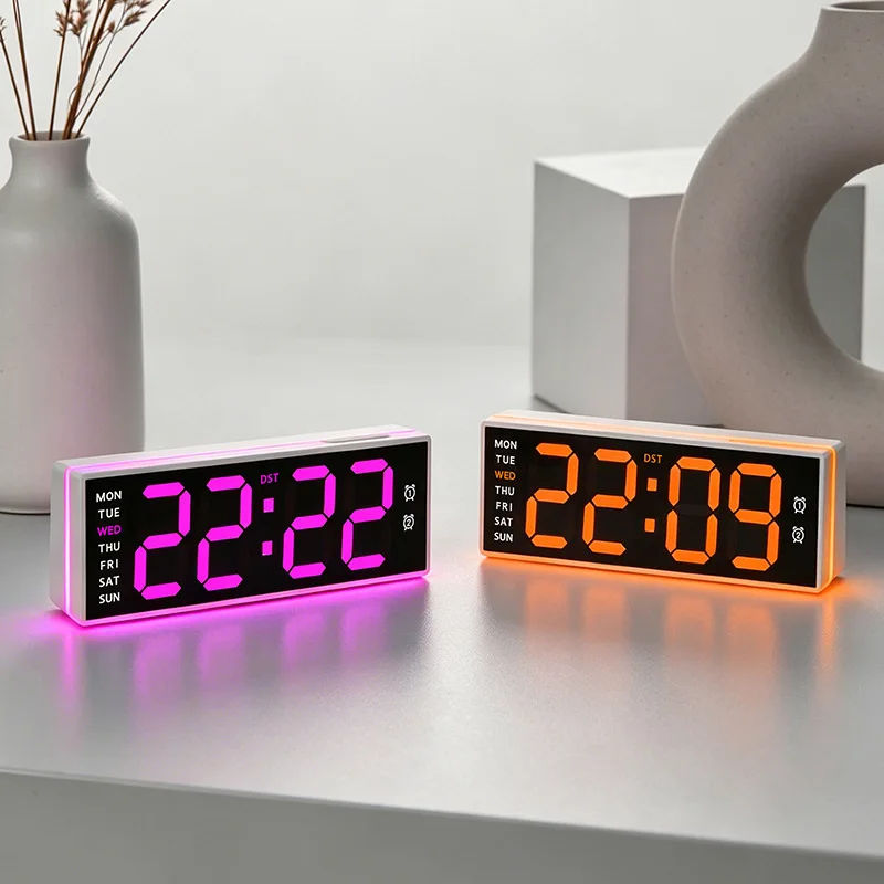 LED Digital Clock for Living Room, Multifunctional Electronic Clock with Ambient Light & Dual
